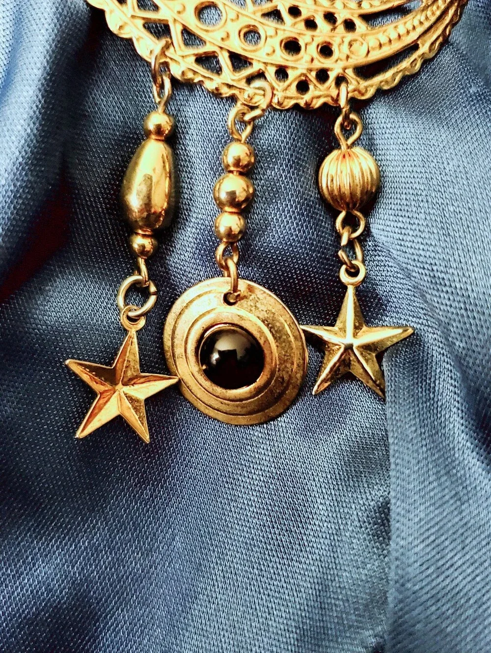 BoHo Gold-Tone Crescent Moon Dangle Earring with Star and Bead Charms